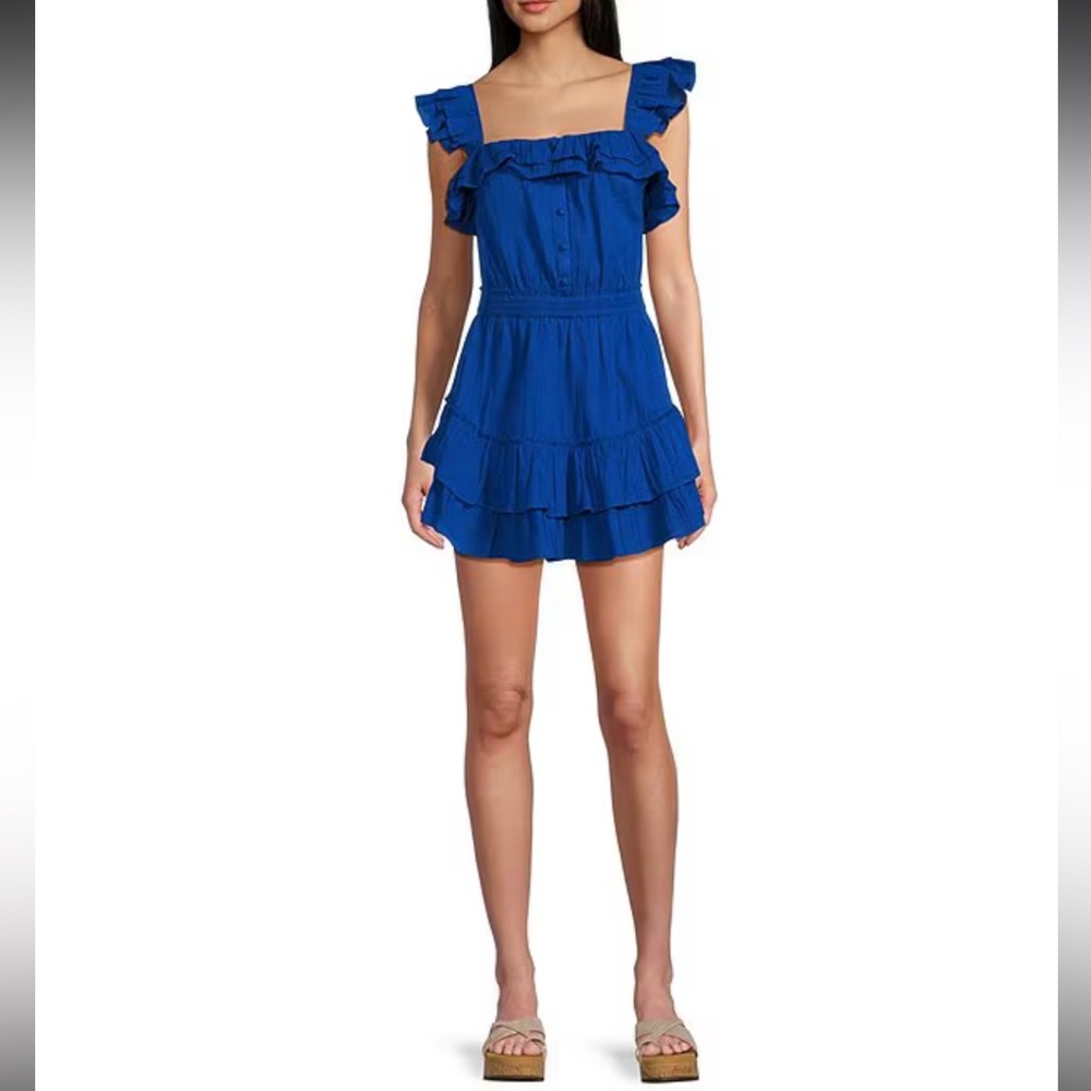 NWT Chelsea & Violet Blue Cassia Guaze Square Neck Ruffle Hem Romper Size M